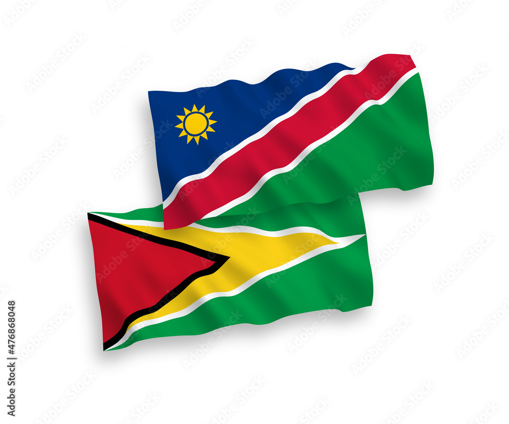 National vector fabric wave flags of Co-operative Republic of Guyana and Republic of Namibia isolated on white background. 1 to 2 proportion. National vector fabric wave flags of Co-operative Republic of Guyana and Republic of Namibia isolated on white background. 1 to 2 proportion.