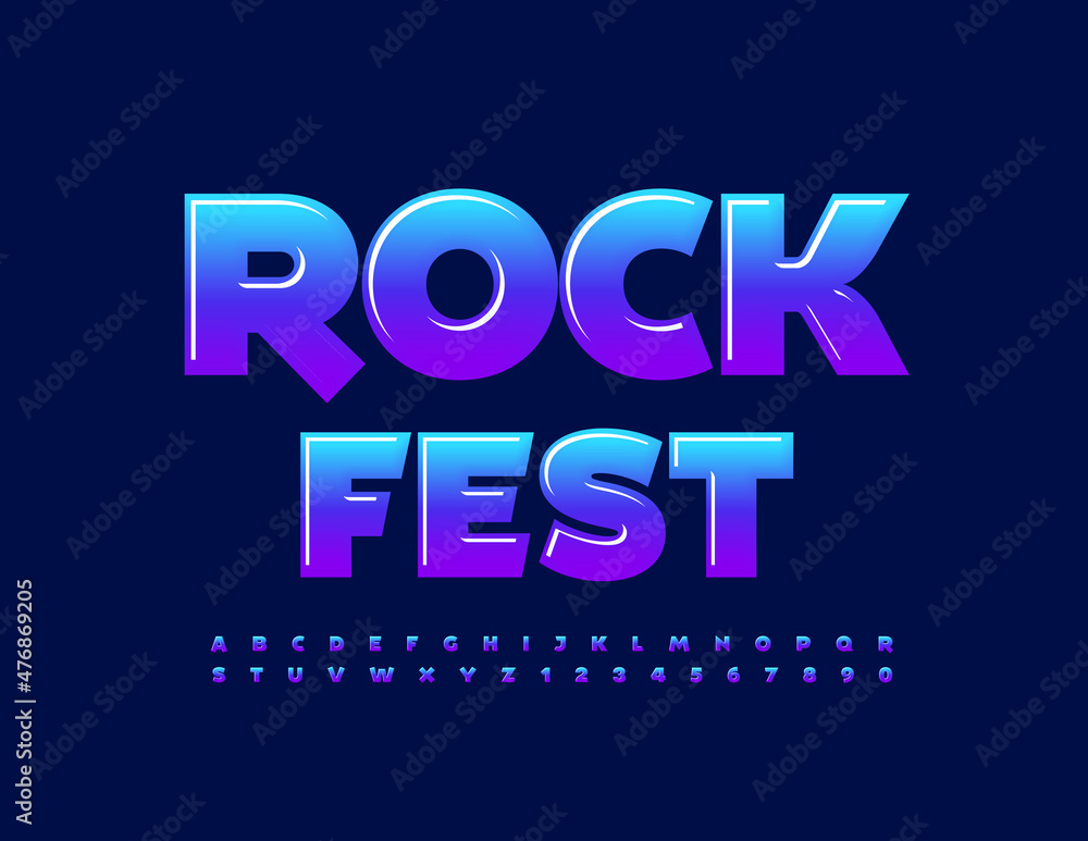 Vector entertainment poster Rock Fest. Trendy glossy Font. Gradient Alphabet Letters and Numbers set