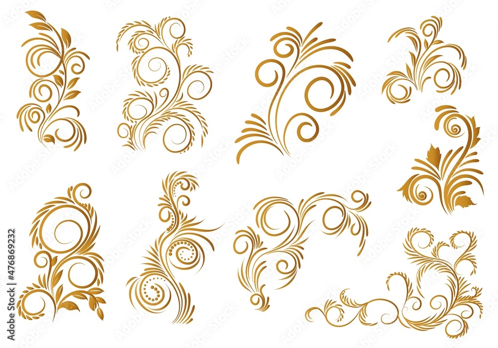 Fototapeta premium Beautiful artistic golden decorative floral set design