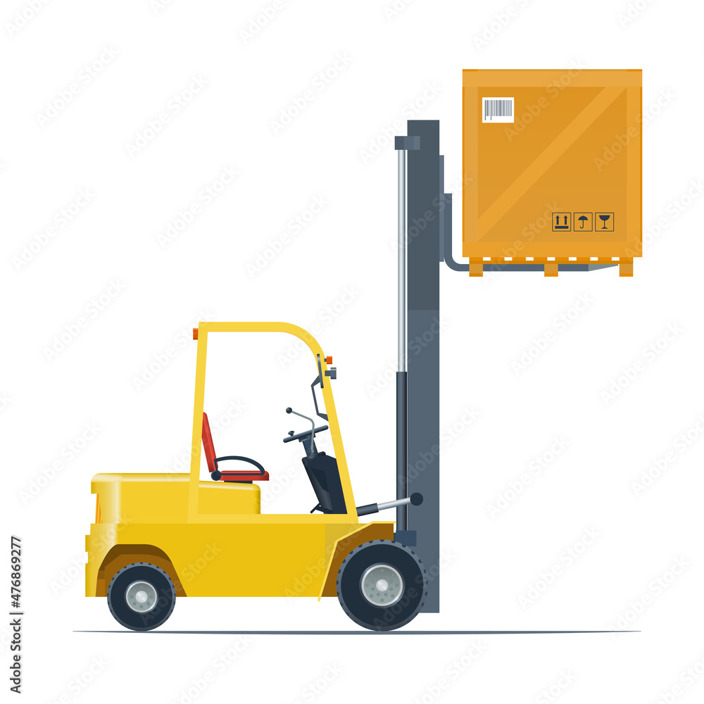 A forklift truck with a raised plywood box. The view on the right. Vector illustration. Isolated on a white background.