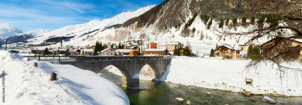 Zuoz near St. Moritz is a beautiful village in the winter sports area of the Swiss canton of Grisons, Switzerland