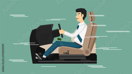 Businessman in relax business suit Concept driving inside car. Sit in the seat and hold the steering wheel. Line of driving speed. Isolated vector illustration on dark background.