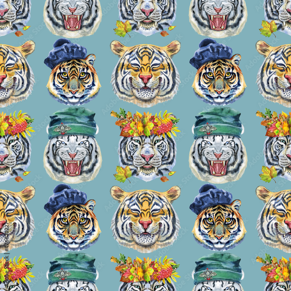 Seamless pattern with the image of a tiger's face. Decor for decoration of textiles or wallpaper. Seamless pattern with the image of a tiger's face. Decor for decoration of textiles or wallpaper.