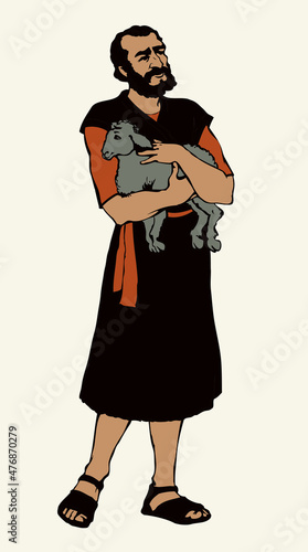 An old shepherd with a sheep. Vector drawing