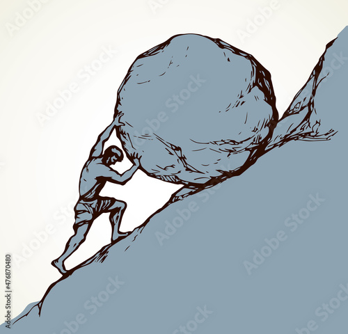A man rolls a stone up the hill. Vector drawing