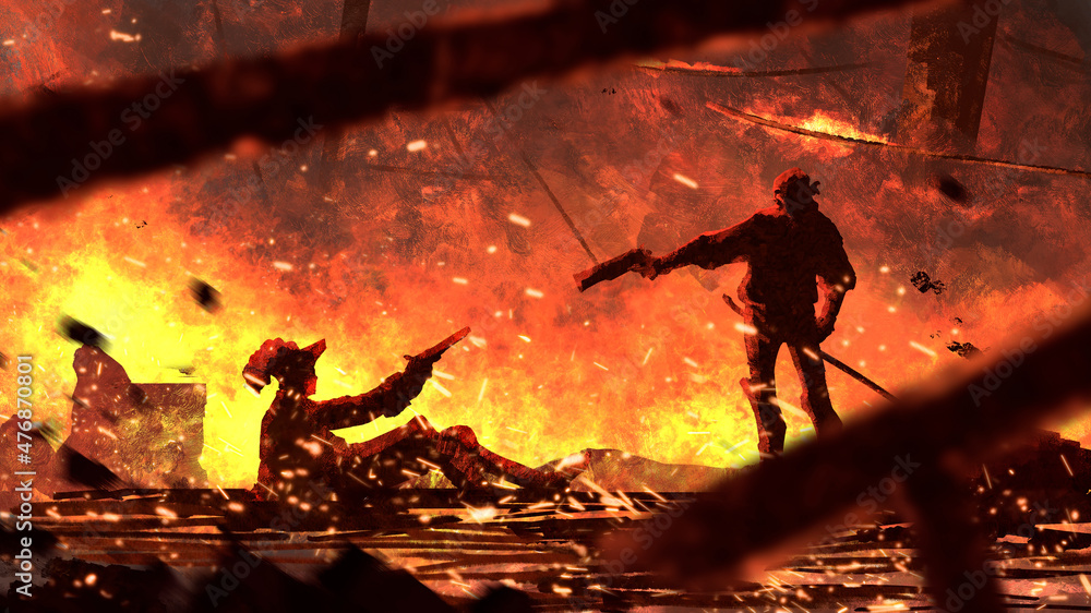 Fototapeta premium The pirate defeated the captain of the enemy ship in battle during the abardage. They have pistols in their hands, fire and debris around them. The battle is over. 2D illustration 