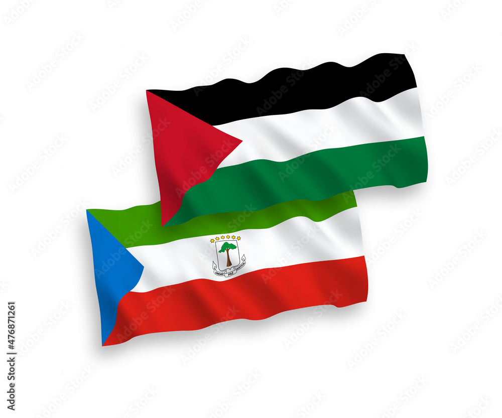 National vector fabric wave flags of Republic of Equatorial Guinea and Palestine isolated on white background. 1 to 2 proportion. National vector fabric wave flags of Republic of Equatorial Guinea and Palestine isolated on white background. 1 to 2 proportion.