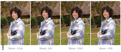 Composition of four portrait photos taken with different diaphragm apertures