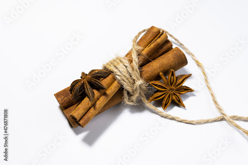 Warming spices and herbs for mulled wine. Mulled wine set. Star of anise and cinnamon