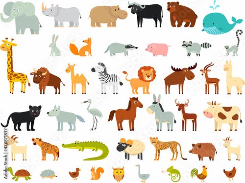 Big set of cartoon animals. A Giraffe, a lion, an elephant, a zebra, a hippo, a lemur, a buffalo, a cheetah, an antelope, a hyena, a whale. etc