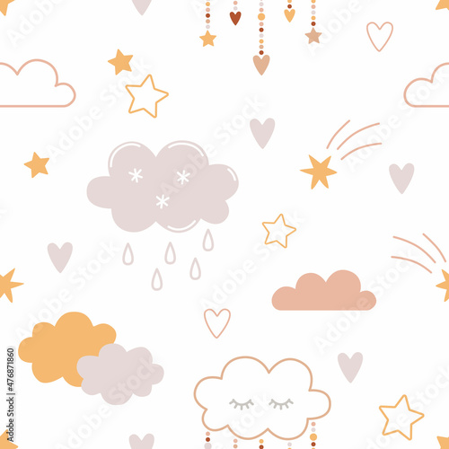 Seamless pattern with cute clouds. Childish print for nursery in a Scandinavian style for baby clothes, interior, packaging. Vector cartoon illustration in pastel colors.