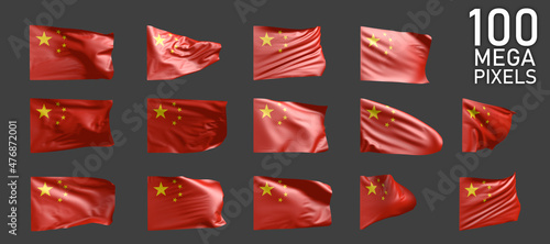 China flag isolated - different realistic renders of the waving flag on grey background - object 3D illustration