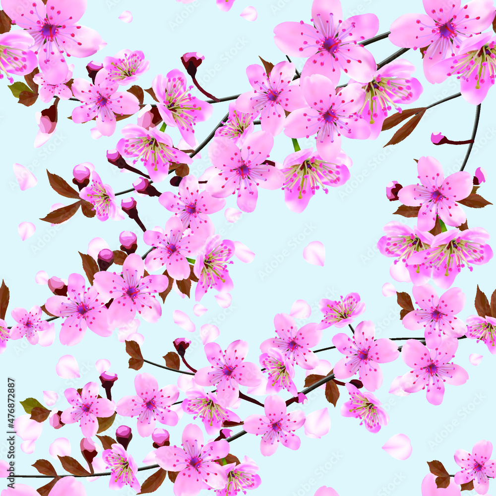 Falling Japanese cherry petals, floral pattern.  Blossoming branches of cherry on blue in a random arrangement square format. Pink Sakura texture, EPS 10, vector