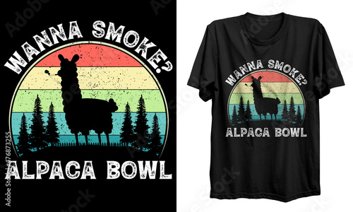 Wanna smoke? alpaca bowl t-shirt design, Llama t-shirt, alpacas t-shirt design, print for poster, mug, shirt, shirt, banner, logo, icon, vector, vector illustration.