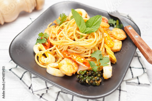 Homemade Seafood Spaghetti fresh shrimp and squid italian food