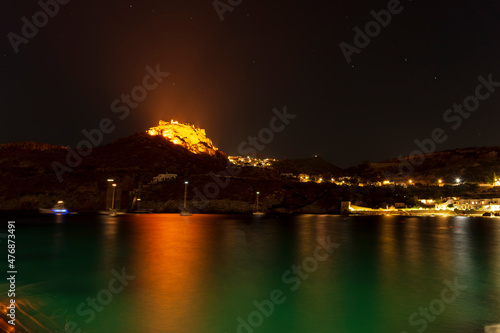 The castle of Kythira island at Greece at night as seen from Kapsali village.