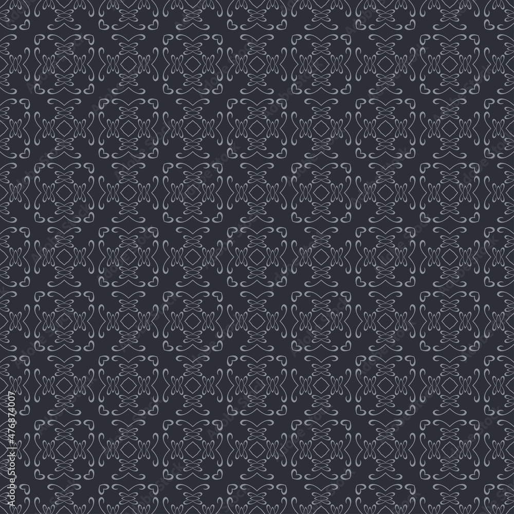 Dark background pattern with decorative gray ornament on a black background in vintage style. Fabric texture swatch, seamless wallpaper. Vector illustration