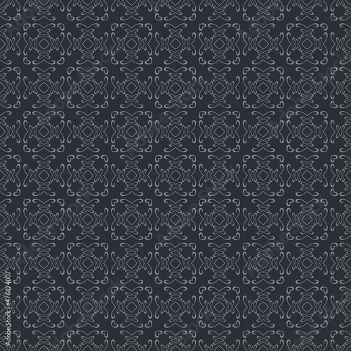 Dark background pattern with decorative gray ornament on a black background in vintage style. Fabric texture swatch, seamless wallpaper. Vector illustration