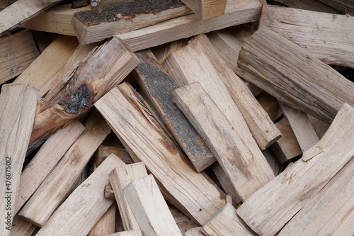 Chunks of wood destined for heating. Thy are cut in correct size to fit into the stove. They are arranged as background showing wood as material. Copy space is available all over the surface of photo.