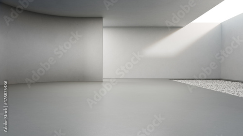 Abstract interior design 3D rendering of modern showroom. Empty floor and white gravel with concrete wall background.