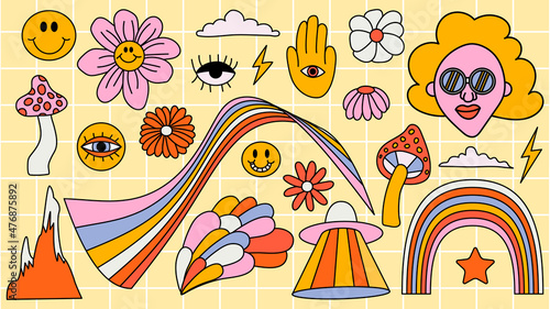 Set of hipster retro cool psychedelic elements. A collection of groovy cliparts from the 70s. editable stroke. Abstract design of cartoon stickers. Trend vector illustration.