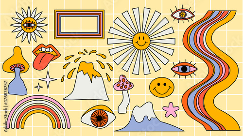 Set of hipster retro cool psychedelic elements. A collection of groovy cliparts from the 70s. editable stroke. Abstract design of cartoon stickers. Trend vector illustration.