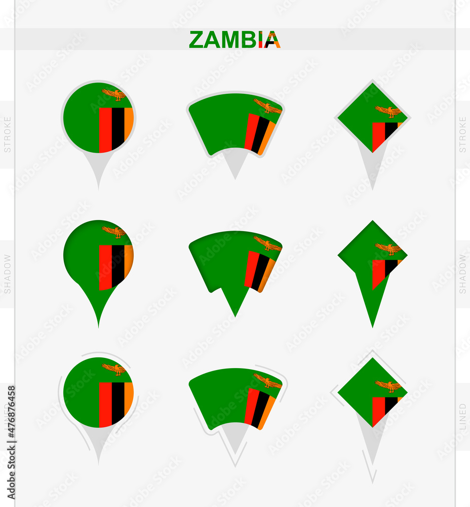 Zambia flag, set of location pin icons of Zambia flag. Zambia flag, set of location pin icons of Zambia flag.