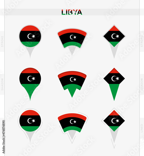Libya flag, set of location pin icons of Libya flag.