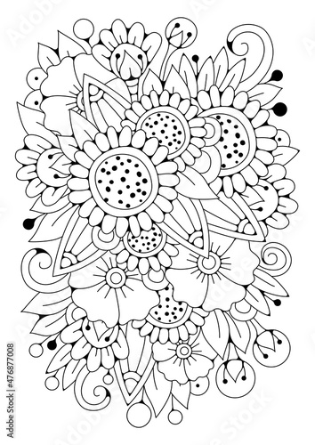 Fototapeta Naklejka Na Ścianę i Meble -  Coloring page with flowers and butterfly. Black and white background for coloring. Art therapy for children and adults.