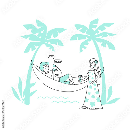 People in the office_a man in a hammock and a woman relaxing on vacation and working remotely with a phone and messages by the sea and palm trees_line_flat