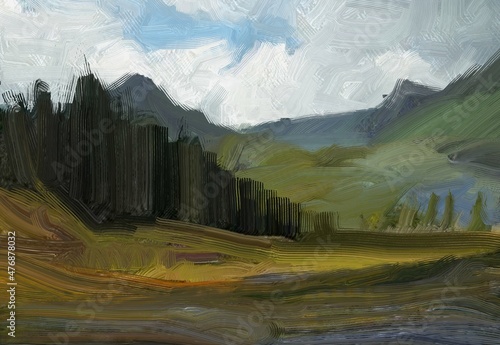 Oil painting landscape art. Rural mountain region. Colorful green field and grass. Summer time. Countryside.
