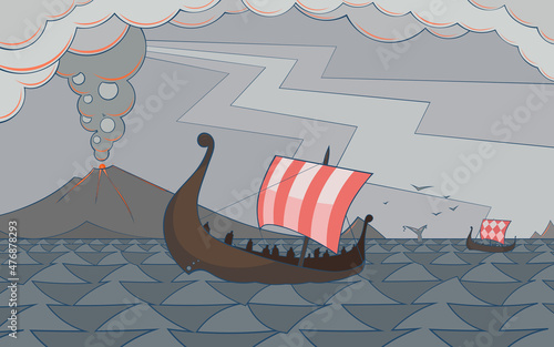 The Vikings are on the way to pillage. Norsemen's longboats are sailing on a backdrop of a volcano eruption.