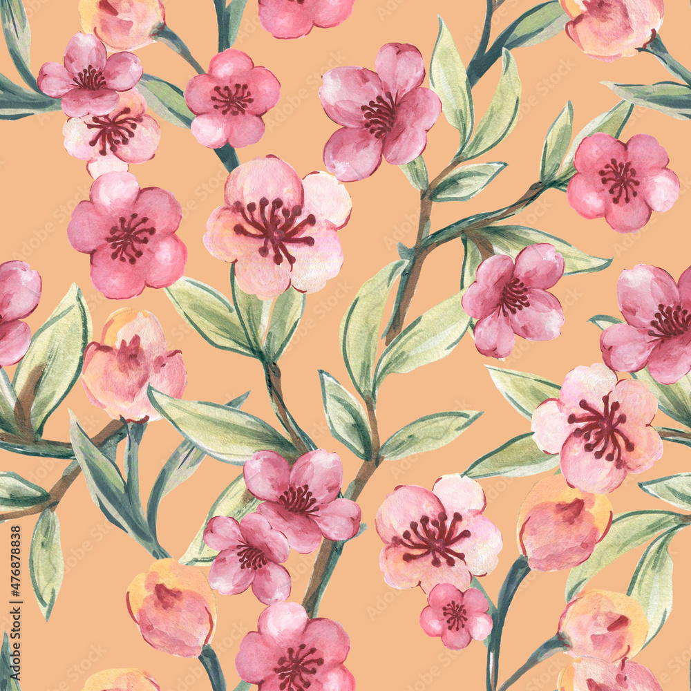 Cherry Blossom Pattern stock illustration Branches with Pink Flowers ornament seamless pattern