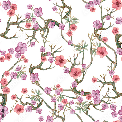 Cherry Blossom Pattern stock illustration Branches with Pink and red Flowers pastel sweet color ornament seamless pattern backdrop © HoyaBouquet