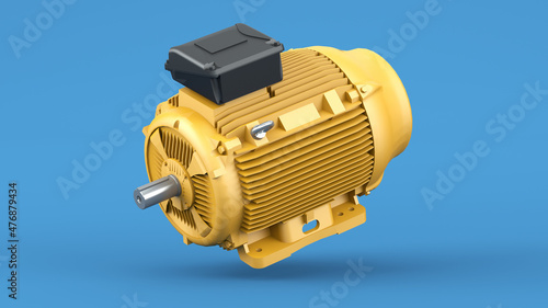 Isolated yellow electric motor on a blue background. 3d illustration