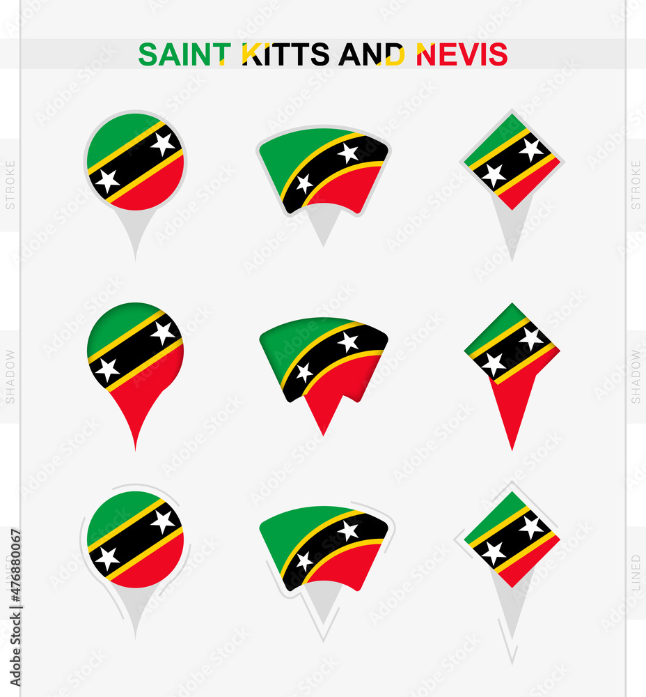 Saint Kitts and Nevis flag, set of location pin icons of Saint Kitts and Nevis flag. Saint Kitts and Nevis flag, set of location pin icons of Saint Kitts and Nevis flag.