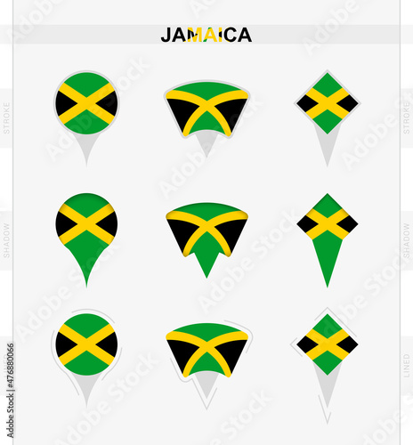 Jamaica flag, set of location pin icons of Jamaica flag.