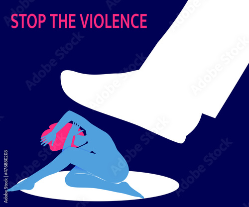 A silhouette of a man’s feet in a shoe is about to trample down the silhouette of a scared cowering woman. A concept of abuse, violence against women and domestic violence. Vector flat illustration. 