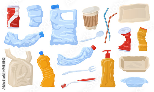 Plastic waste, disposable package, non recyclable garbage. Disposable plastic bottles, cups, tableware vector illustration set. Environmental pollution, plastic waste