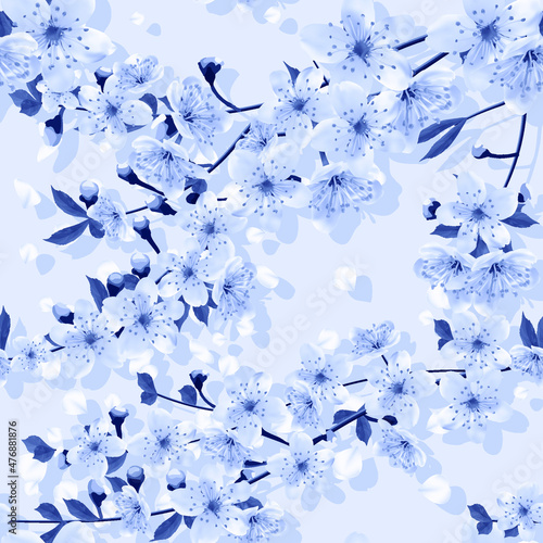 Falling Japanese cherry petals  floral pattern. Monochrome blossoming branches of cherry in shades of gray blue in a random arrangement square format. Sakura seamless texture  vector