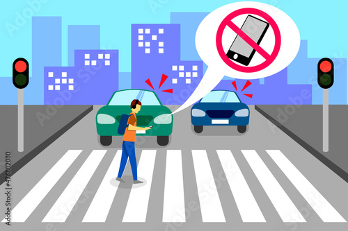 warning for a man is crossing highway with using phone by vector design