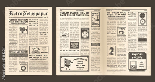 Vintage old newspaper full page, retro spread pages. Retro newsprint page, editorial news and ad posters newspaper layout vector illustration set. Old newspaper pages