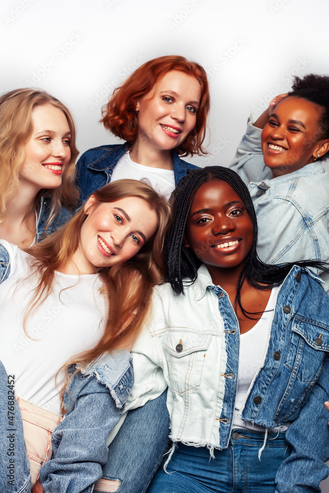 Fototapeta premium diverse multi nation girls group, teenage friends company cheerful having fun, happy smiling, cute posing isolated on white background, lifestyle people concept, african-american and caucasian