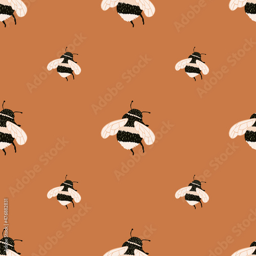 Bee pattern seamless in freehand style. Cute insect which extract honey on colorful background. Vector illustration for textile.