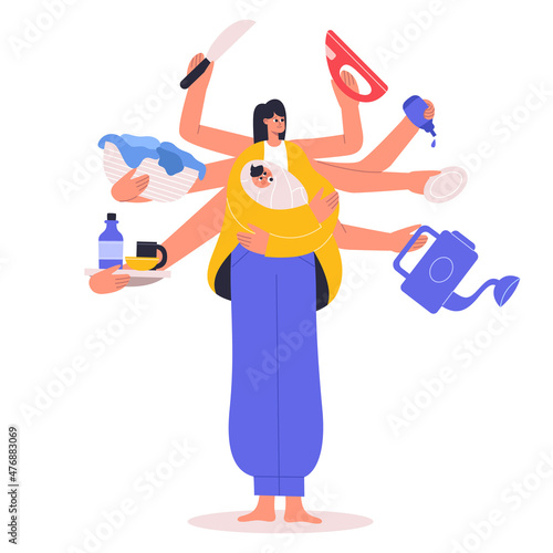 Super multitasking housewife, busy mom cleaning and cooking. Super mom, busy multitasking housewife does several tasks vector illustration. Busy housewife