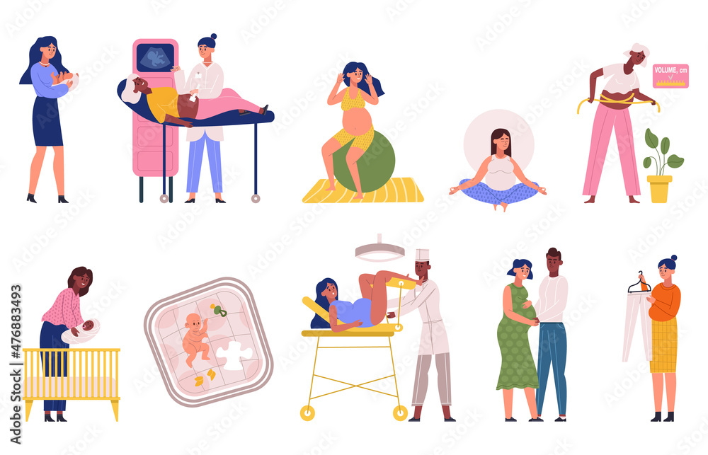 Pregnancy, maternity, childbirth, pregnant woman and newborn baby scenes. Pregnant woman daily activity, newborn baby care vector illustration set. Motherhood scenes