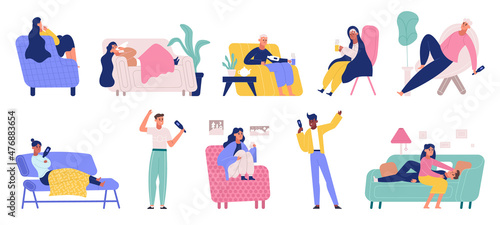 Sick and recovered people, person with flu or cold symptoms at home. Flu, virus symptoms, characters with fever disease vector illustration set. Adults having influenza