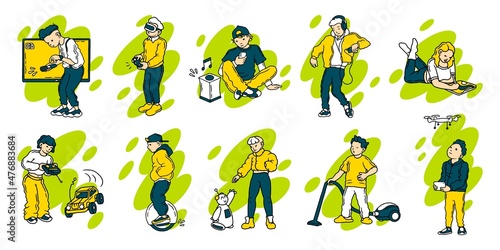People with gadgets. Cartoon male and female characters at home and outdoor working and playing with devices, laptop, tablet smartphone. Vector set