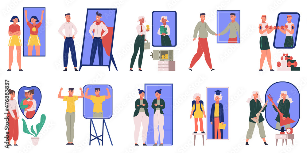 Characters see dreamy reflection in mirror, ambition, motivation scenes. Self confidence person vector illustration set. People dream of best version of themselves Characters see dreamy reflection in mirror, ambition, motivation scenes. Self confidence person vector illustration set. People dream of best version of themselves