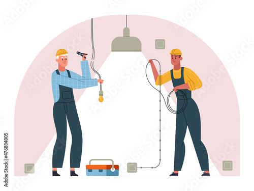 Professional electricians workers do necessary electrical installation. Electricians service electricity box, power grid repair vector illustration. Indoors electricity work